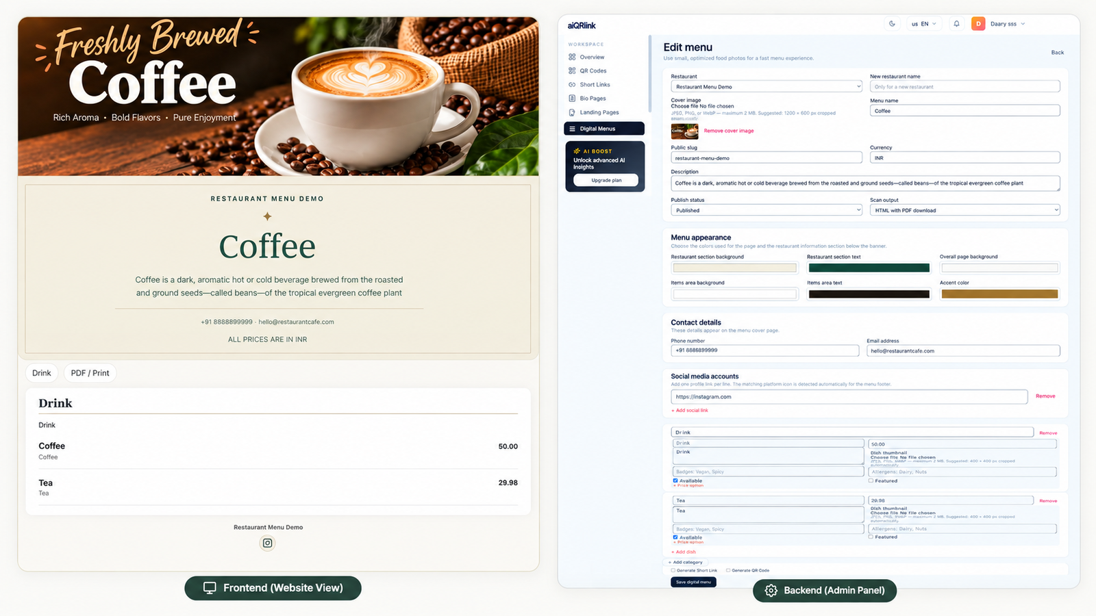Digital Menus  (Restaurant menu)